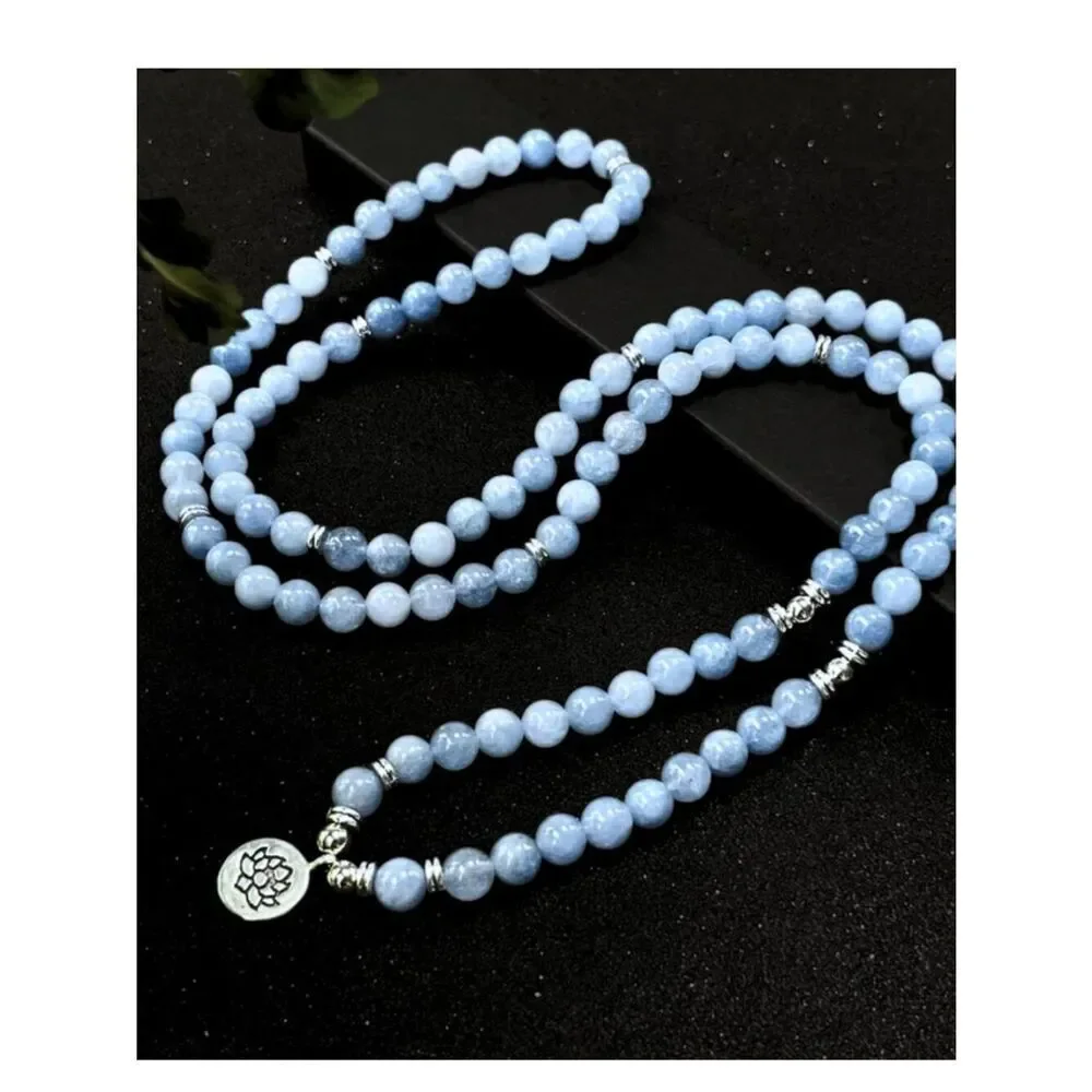 NWT Aquamarine Mala Bead 108 Prayer Lotus Pendant Necklace Wrap Bracelet